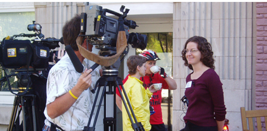Subject: Rebecca Grossberg speaks with the media; Location: Madison, WI; Date: September 22, 2005; Photographer: Sonya Newenhouse